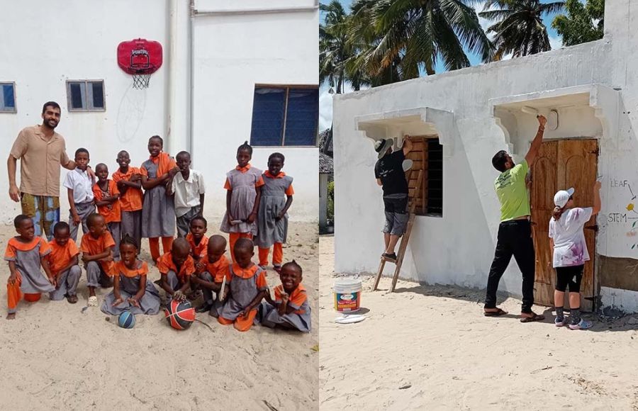 Jaime Macías y alumnos de la Escuela en la zona donde iría la cancha.