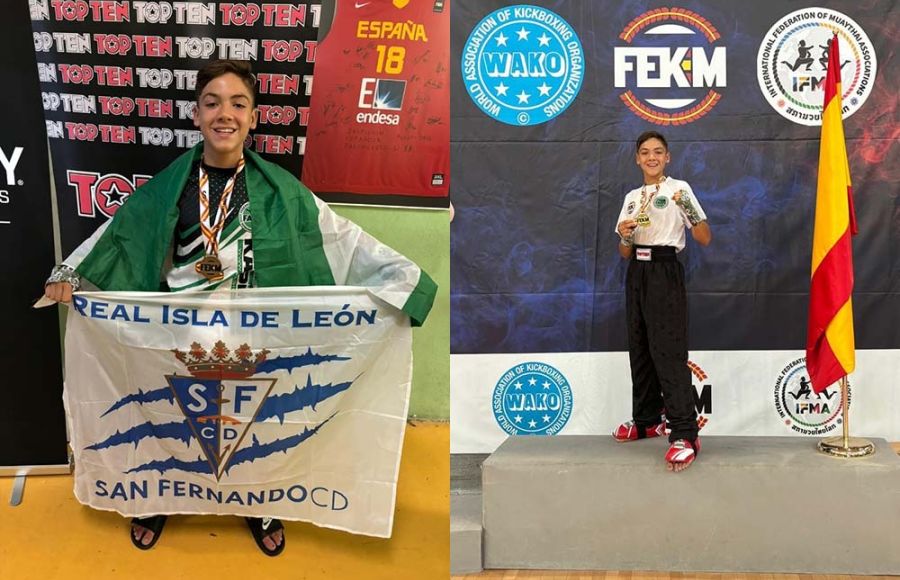 Jordan Tenorio lució la bandera del San Fernando CD tras colgarse la medalla de oro. 