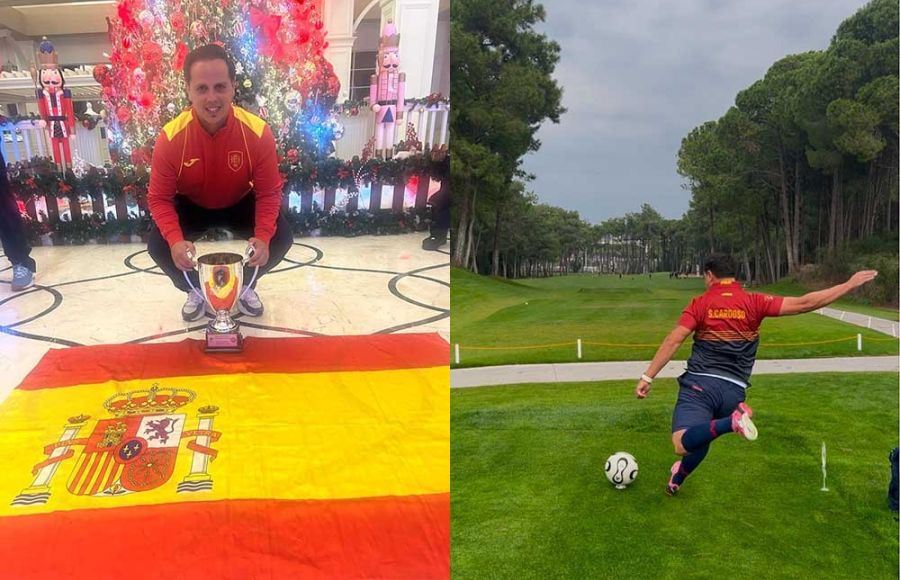 Sergio Cardoso, con el trofeo de subcampeón y en un golpeo durante un partido. 