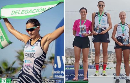 Irene Peinado, llegando a la meta en el Campeonato de Andalucía de Acuatlón celebrado en Torrox y, a la derecha, en lo más alto del podio. 