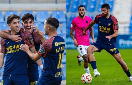 Albert Luque, a la izquierda, es felicitado tras marcar el gol del triunfo del UCAM. A la derecha, Juan Segura y Julio Iglesias. 